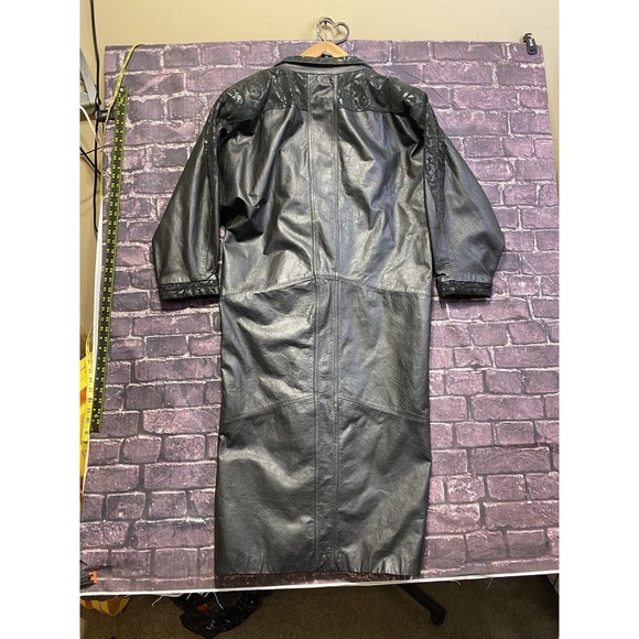 Winlit Black Genuine Leather Long Trench Coat Jacket 80s Classic Womens Medium - Picture 3 of 15